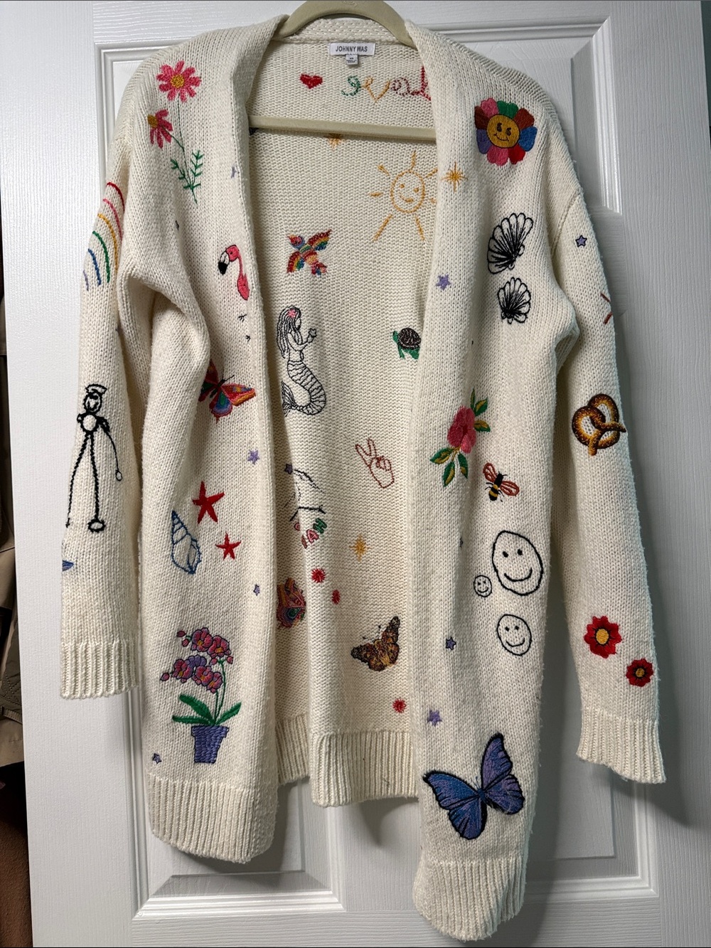 Johnny Was Cream Embroidered Open-Front Cardigan with Colorful Motifs
